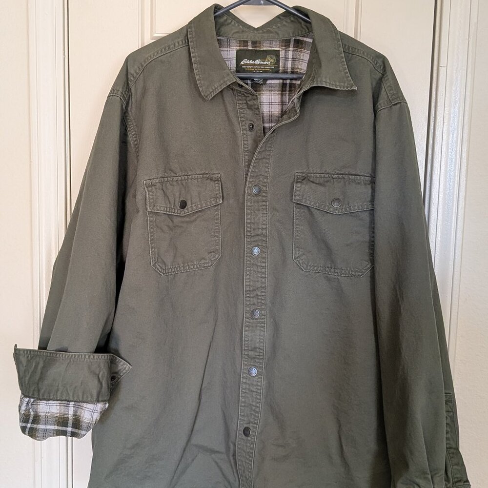 EDDIE BAUER Canvas Shirt / Chore Jacket - Flannel Lined - Drab Olive - Size XL
